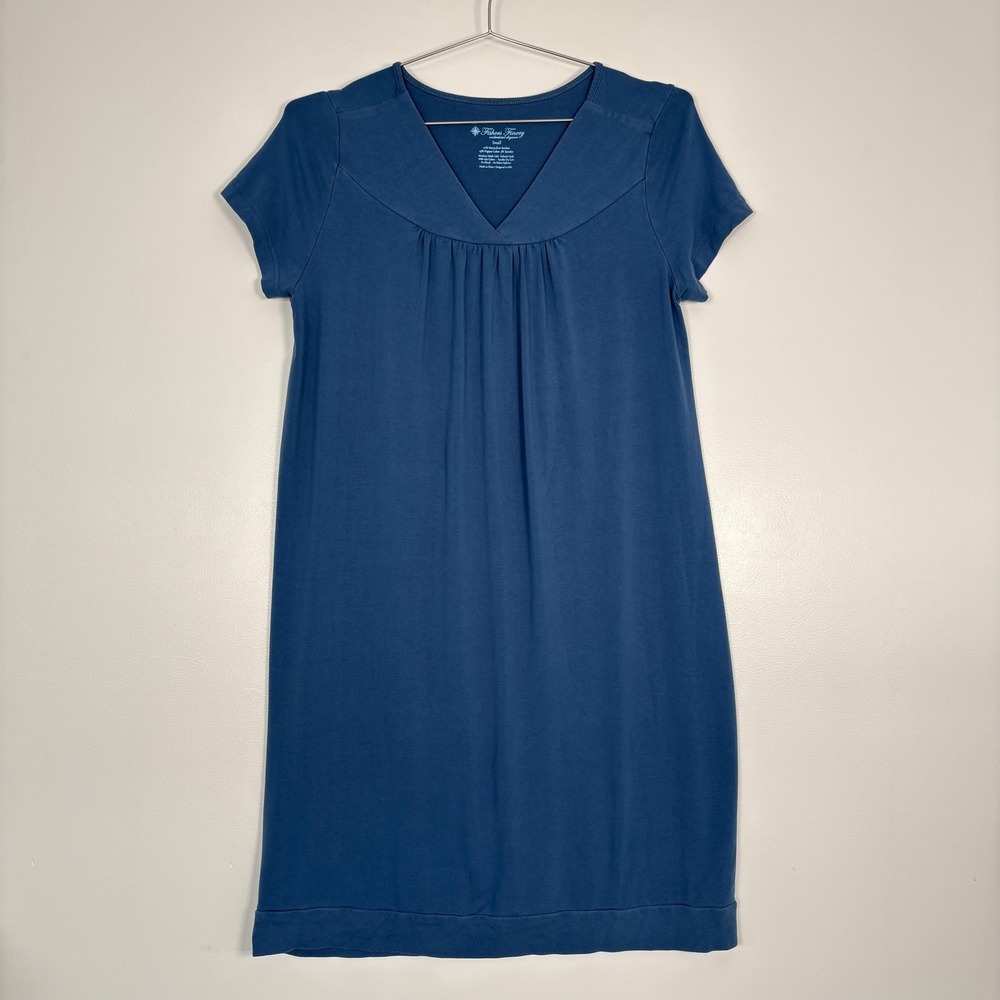 Fishers‎ Finery Women Nightgown Sz S Blue Bamboo Cotton VNeck Pleat Lounge Dress